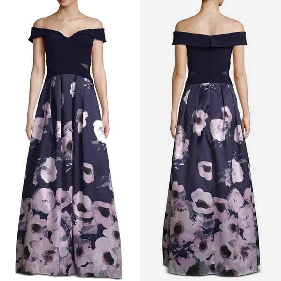 Xscape blue floral off shoulder full length formal gown size 12 wedding gala - Picture 13 of 13